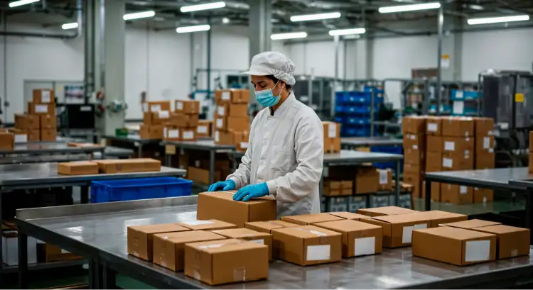 Food production worker in protective gear on a processing line